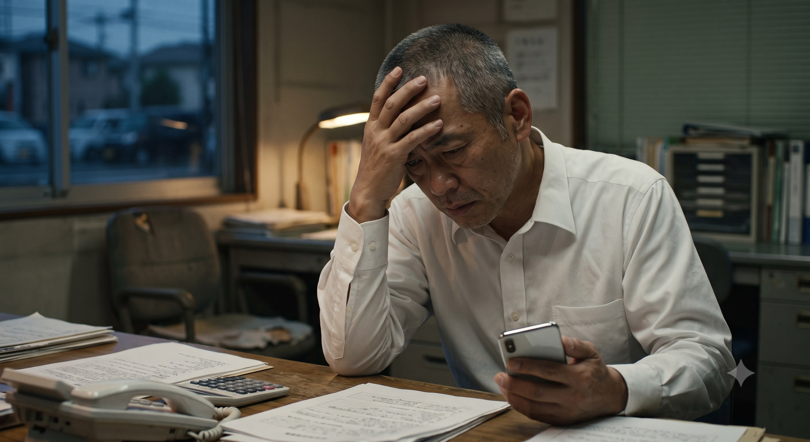 ベテラン退職と人手不足の報告を受け、事務所で頭を抱える社長